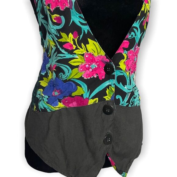 Atlast Studio Vest Women's Medium Multicolor Floral Print Boho Beaded Lace VTG - Picture 5 of 10